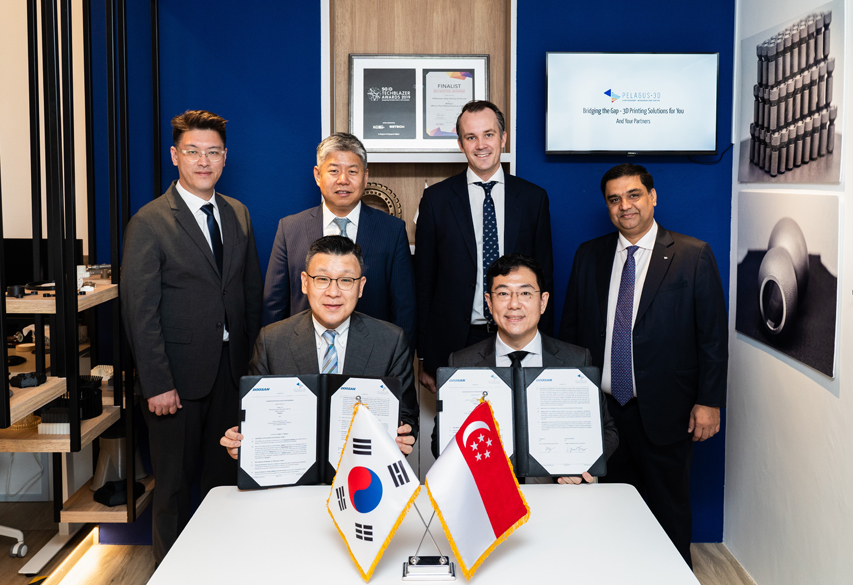 On Feb. 23, attendees from the two companies, including Doosan Enerbility CSO Yongjin Song (left side of first row) and Pelagus 3D CEO Kenlip Ong (right side of first row) pose for a group photo at the MOU signing ceremony for metal AM technology exchanges & joint marketing held in Singapore.