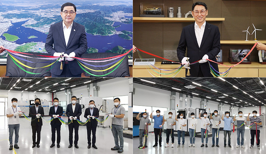 The attendees, including Changwon City Mayor Seong-Mu Heo (top row on the left), Doosan Heavy COO Yeonin Jung (top row on the right), Doosan Heavy CSO Yongjin Song (bottom row, fourth from the left) and Doosan’s 3DP Technology Development team members, take part in ribbon-cutting for the online ceremony held to celebrate construction of the 3D printing fabrication shop.