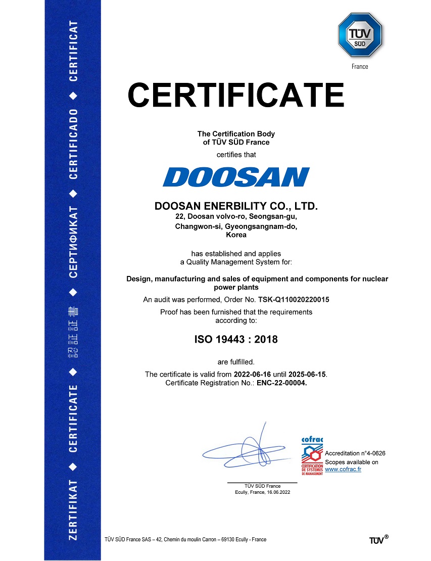 The ISO 19443 Certificate awarded to Doosan Enerbility