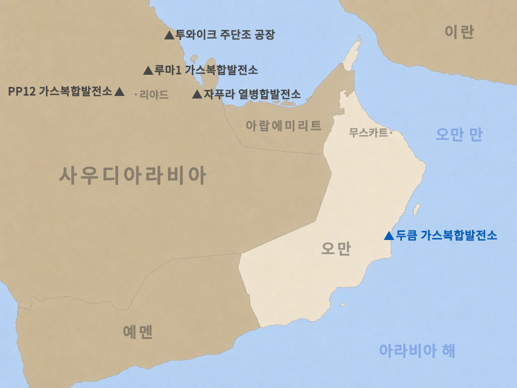 ▲ 두산에너빌리티가 건설공사 계약을 체결한 오만 두큼 가스복합발전소 위치